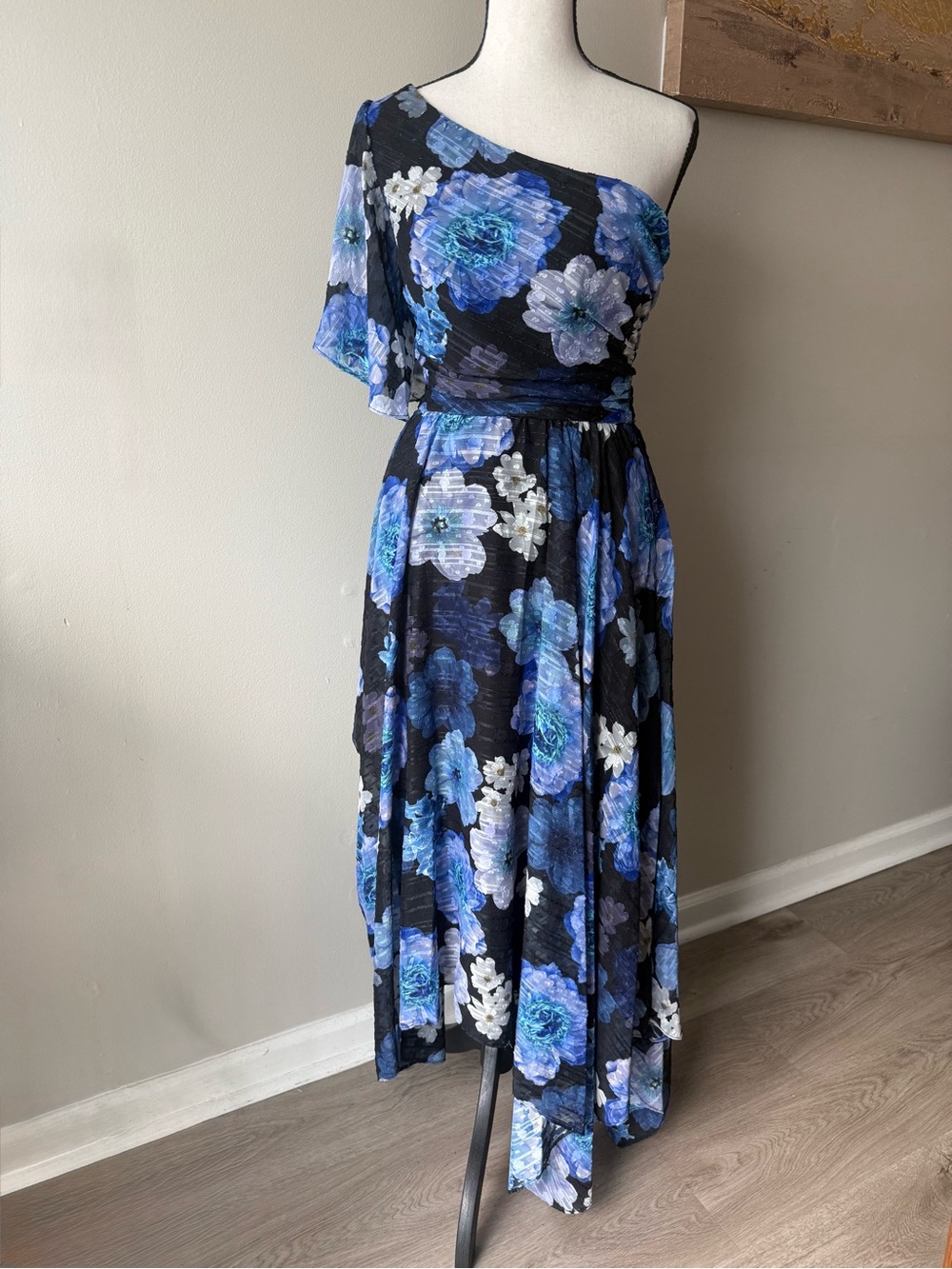 NWT Nightway Blue Floral One Shoulder Hi-Low Dress  MSRP $179